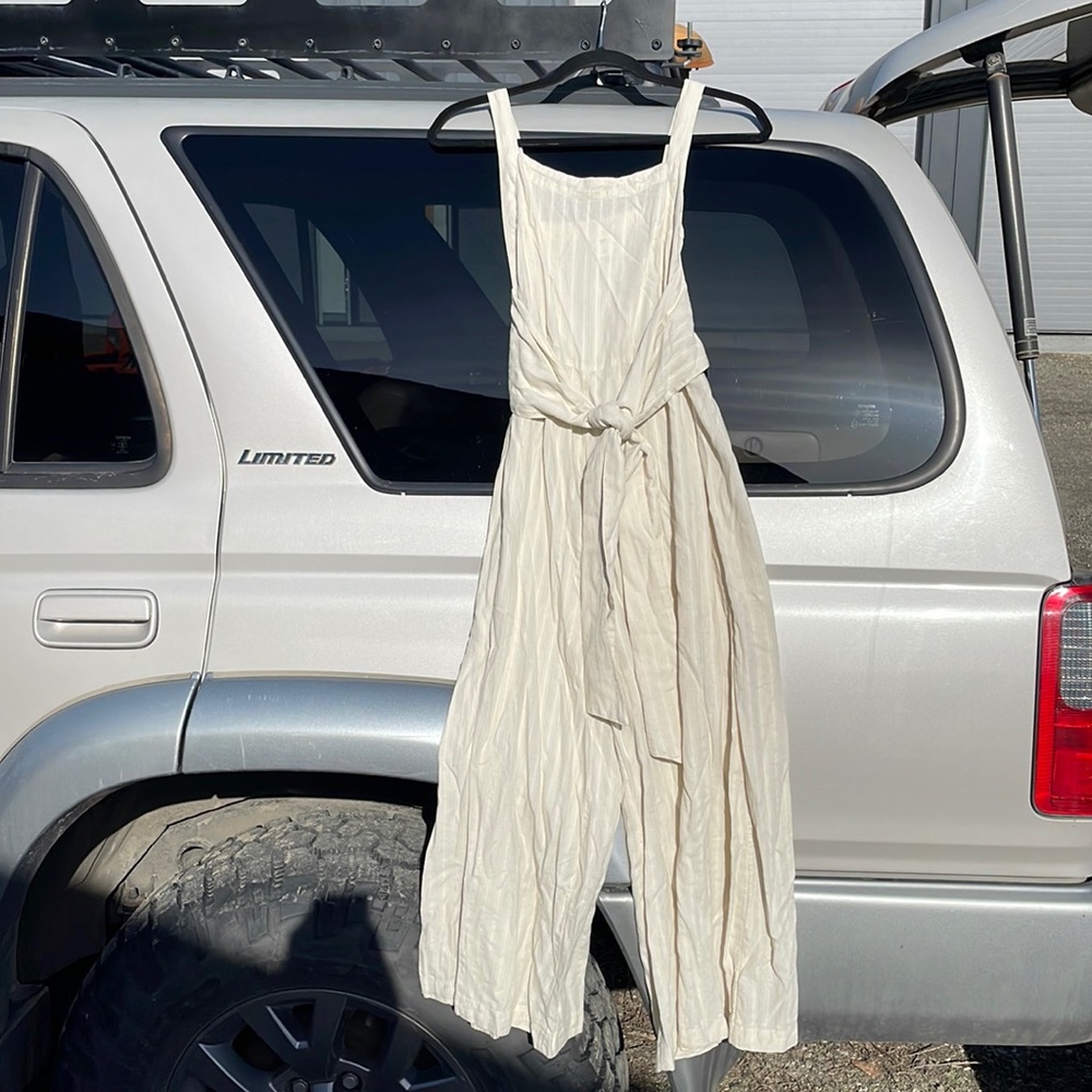 Linen romper with tank top straps and tie at waist